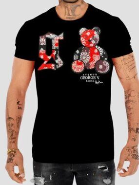 Avenue George V Paris T-Shirt Men's Black Short Sleeve Rhinestone Teddy Bear 2XL